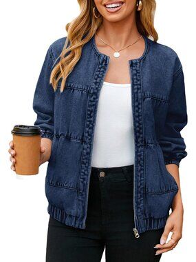 Women's Dark Blue Crew Neck Long Sleeve Zip Up Loose Fit Fall Bomber Jean Jacket